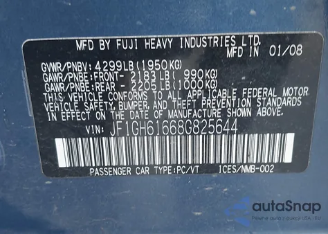 2008 Subaru Impreza 2.5I z USA, uszkodzony, nr VIN JF1GH61668G825644